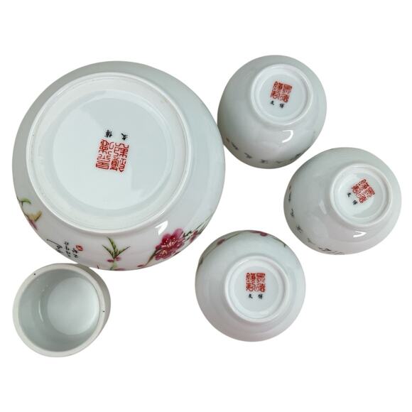 Vintage 1980s Jingdezhen Porcelain Tea Set Cherry Blossoms Birds 3 Cups Jar - Picture 6 of 8